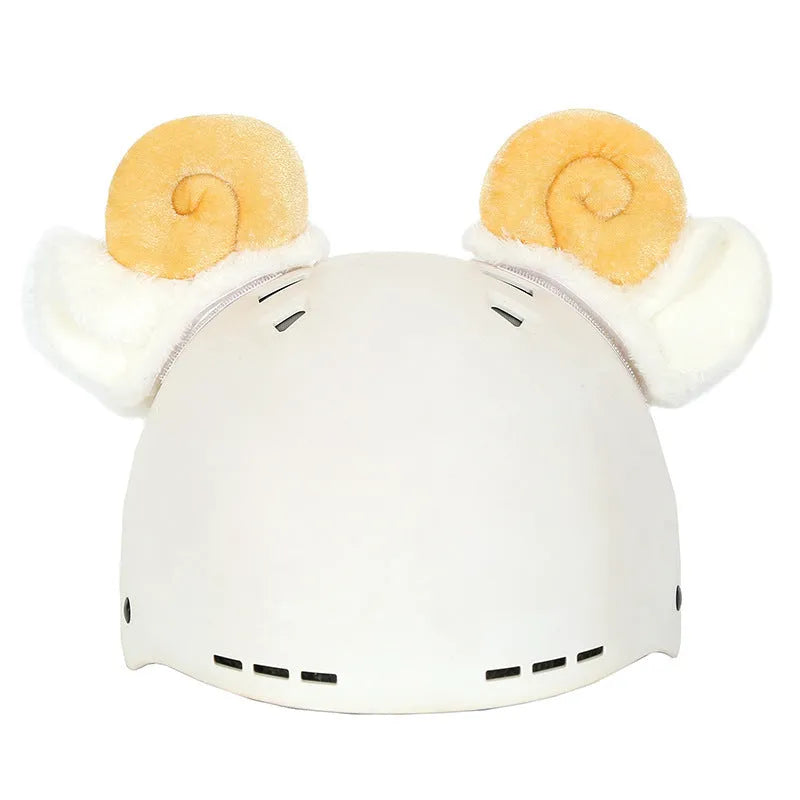 Soft plush cartoon character cover on a motorcycle helmet, showing size M and decorative ear sections.