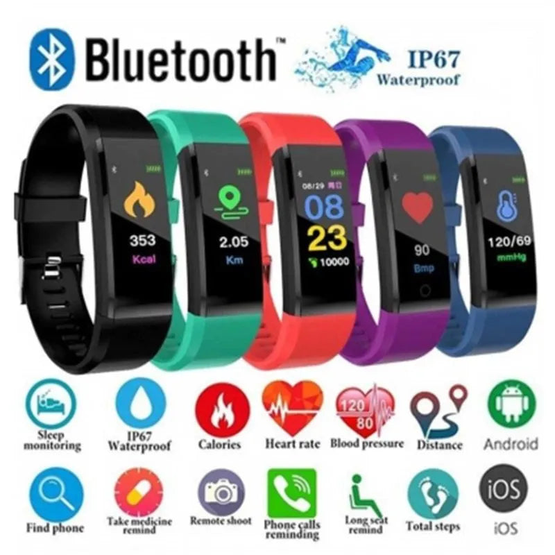 Screen Smart Wristband 115plus fitness tracker with colour LED touch screen on wrist showing heart rate