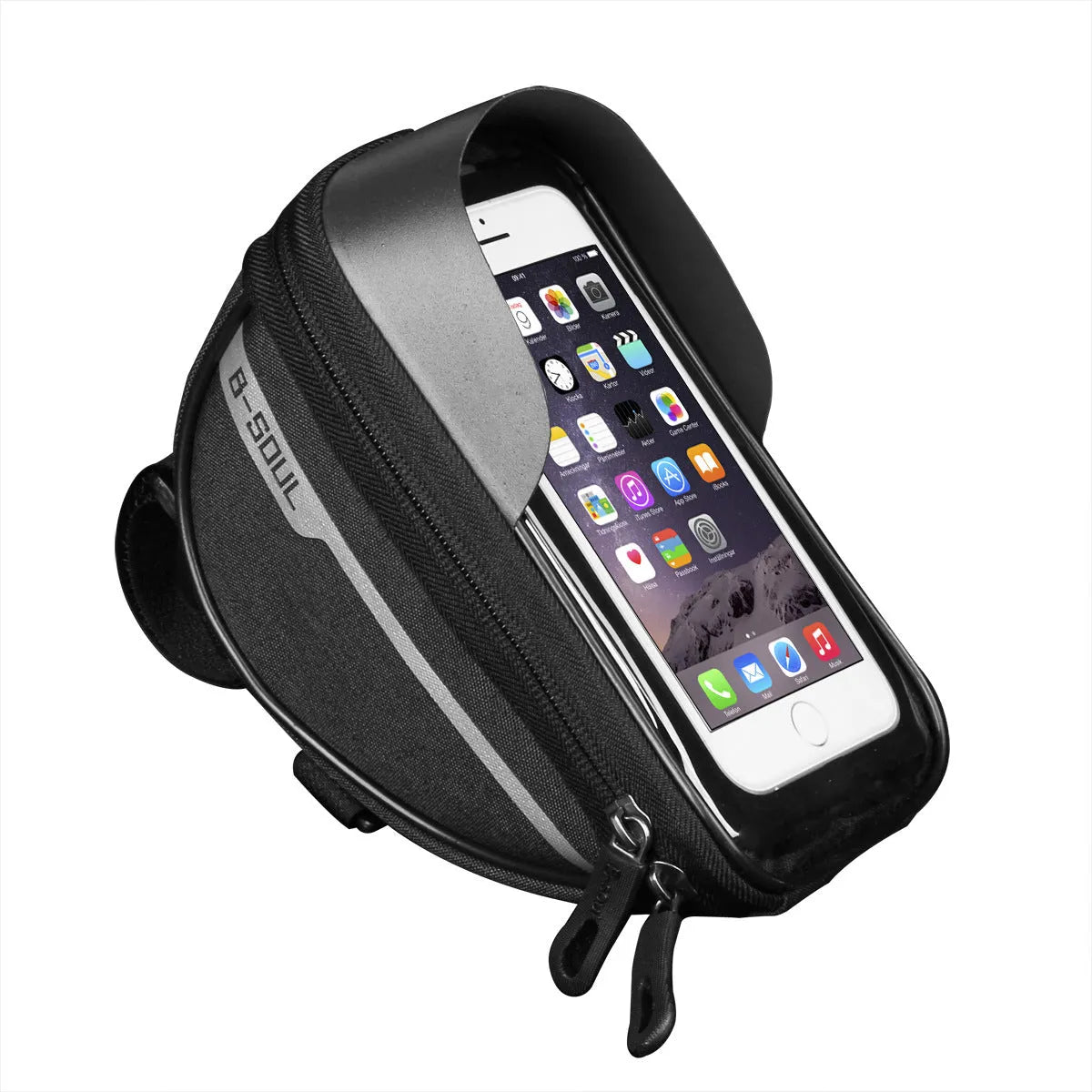 B-SOUL bicycle mobile phone bag with 7-inch touch screen, light barrier design, 18.5 x 9.5 x 8.5 cm, available in red, grey, black, and blue