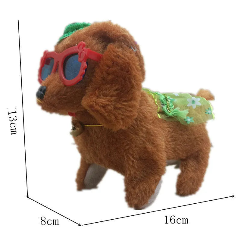 Electric musical plush dog toy in purple, walking with moving legs on a white background, 13 cm size
