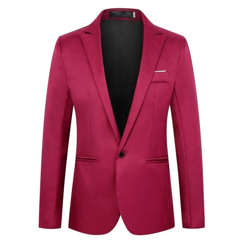 Men's loose fit wedding suit jacket in acetate fibre, shown in multiple colours including black, blue, and wine red.