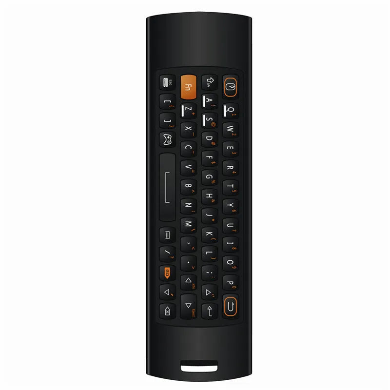 Black Mele F10 Deluxe wireless air mouse remote control with QWERTY keyboard and directional pad.