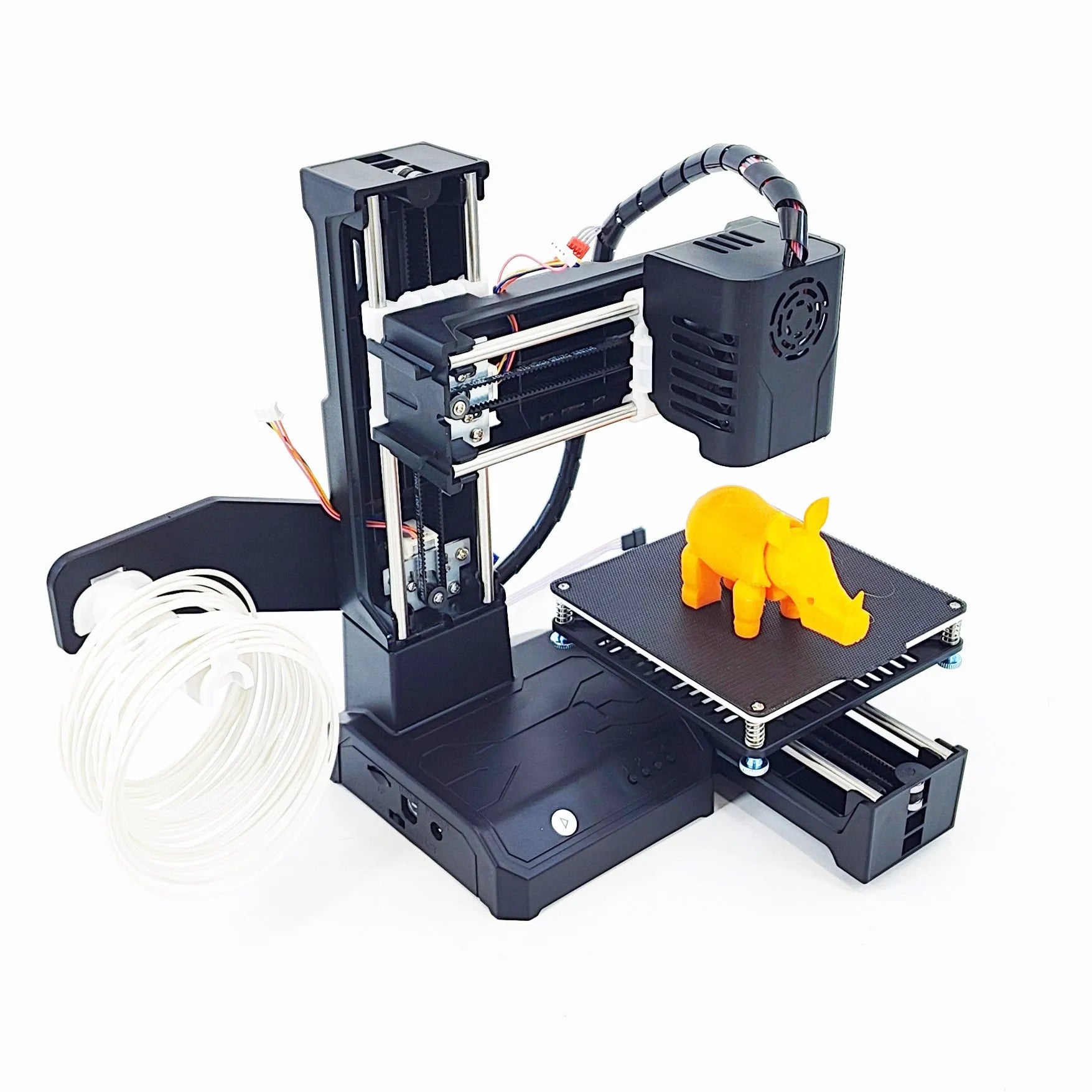 K9 mini 3D printer on a desk with small printed PLA model next to it.