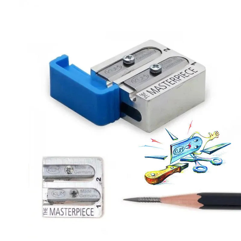 Segmented magnesium metal pencil sharpener with blue plastic plug and two spare blades in silver colour