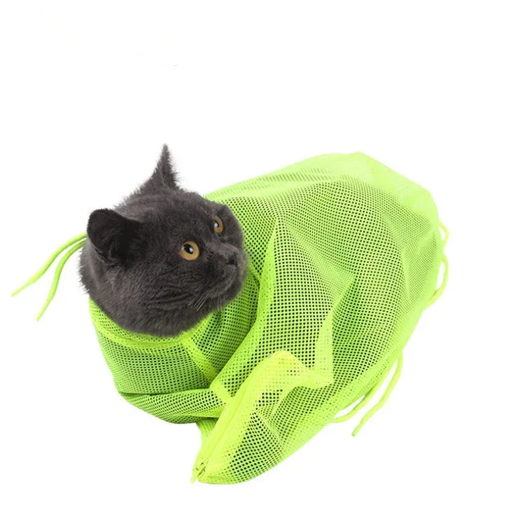 Pet soft cat grooming bag in blue polyester mesh with front zipper, 52x34cm