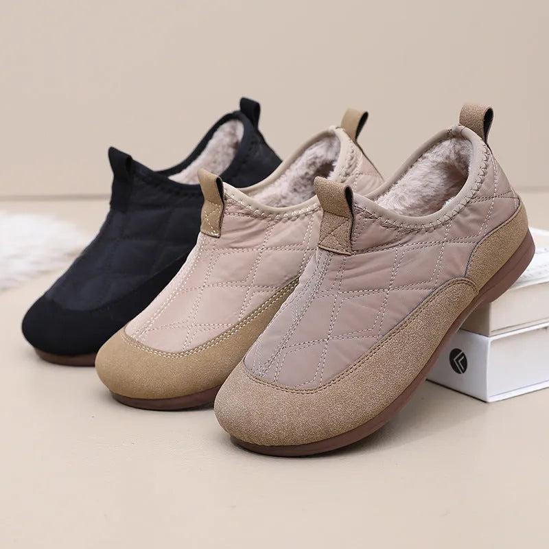 Women's winter slip-on shoes with plus velvet lining and flat PVC sole, available in khaki, apricot, and black.