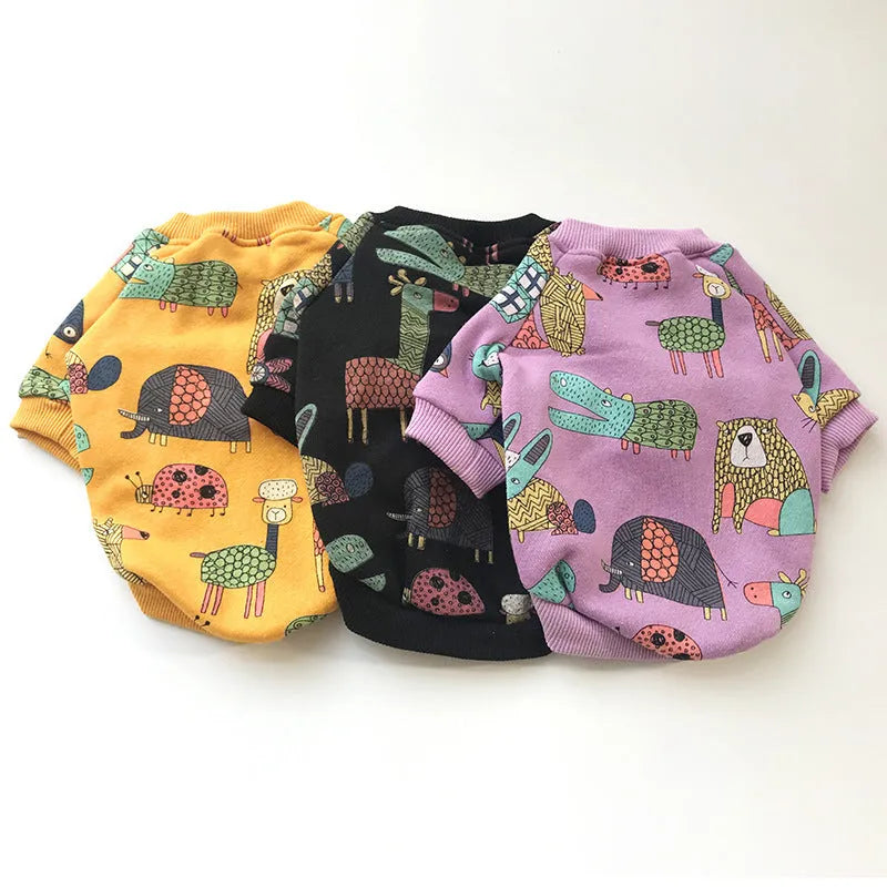 Cotton parent-child clothing set for cats and dogs in black, purple, or yellow, sizes S to 4XL.