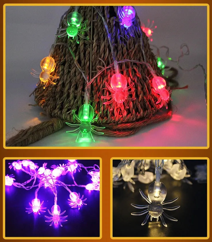 Halloween LED string lights with plastic pumpkin, ghost and bat decorations hanging on a 1.2 metre cable.