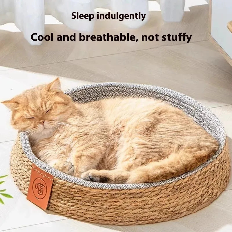 Natural rattan woven cat nest bed for pets, shown in one of four available sizes.