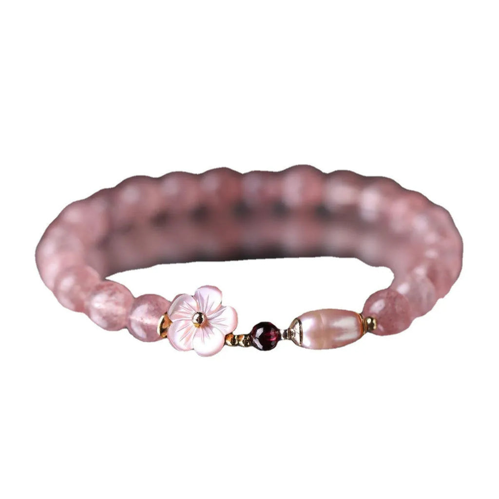 Strawberry quartz crystal bracelet with peach blossom flower charm design on adjustable chain