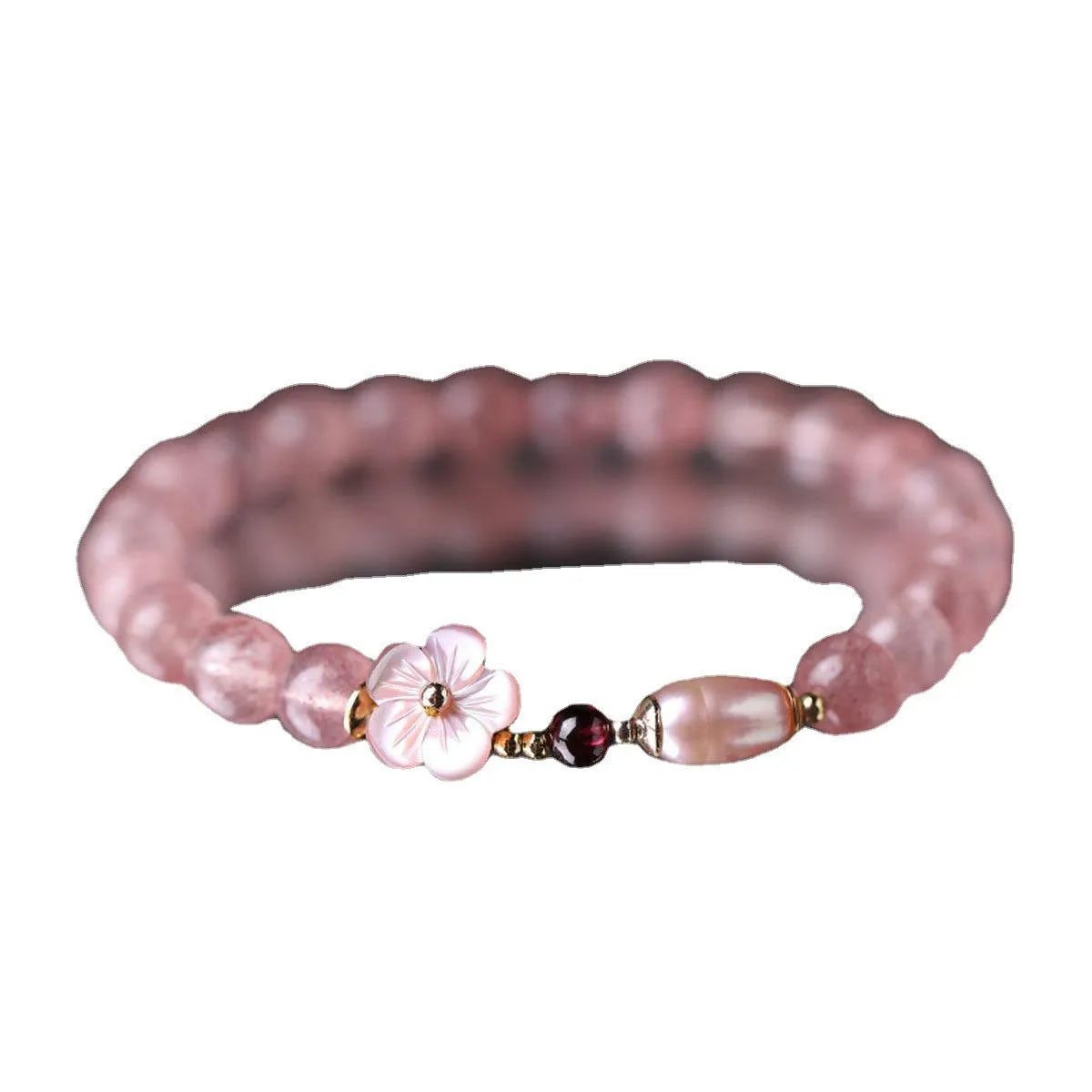 Strawberry quartz crystal bracelet with peach blossom flower charm design on adjustable chain