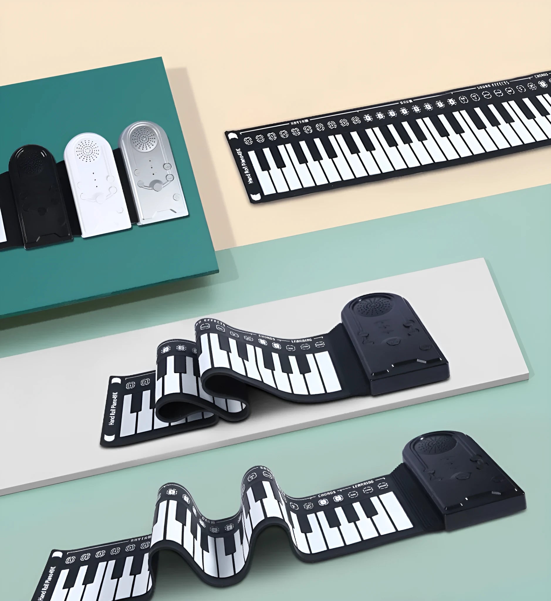 Pearl white portable folding electronic keyboard with 49 silicone keys and a built-in speaker, shown folded and unfolded.
