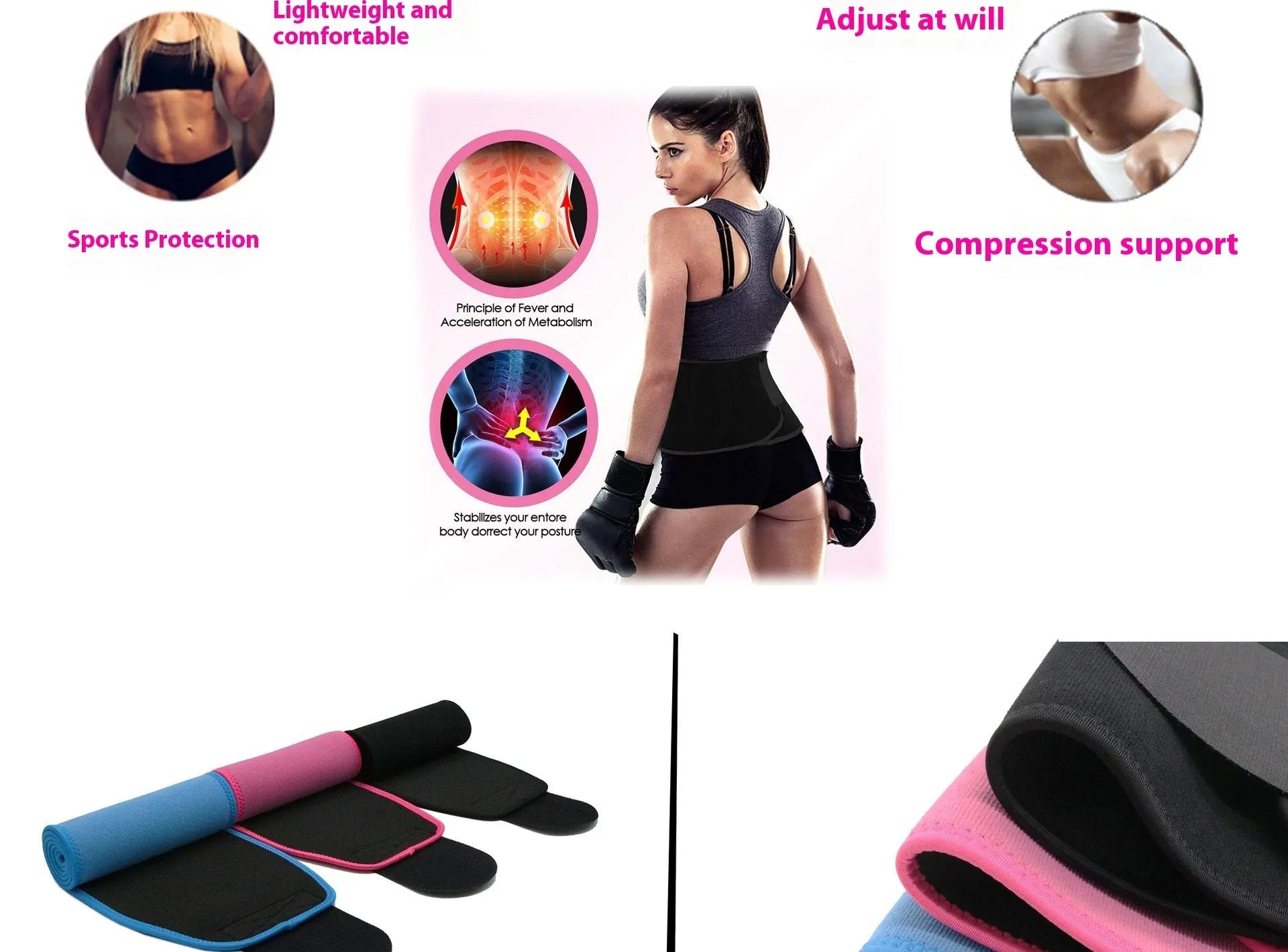 Black neoprene lumbar support fitness belt for waist protection during running and gym workouts.