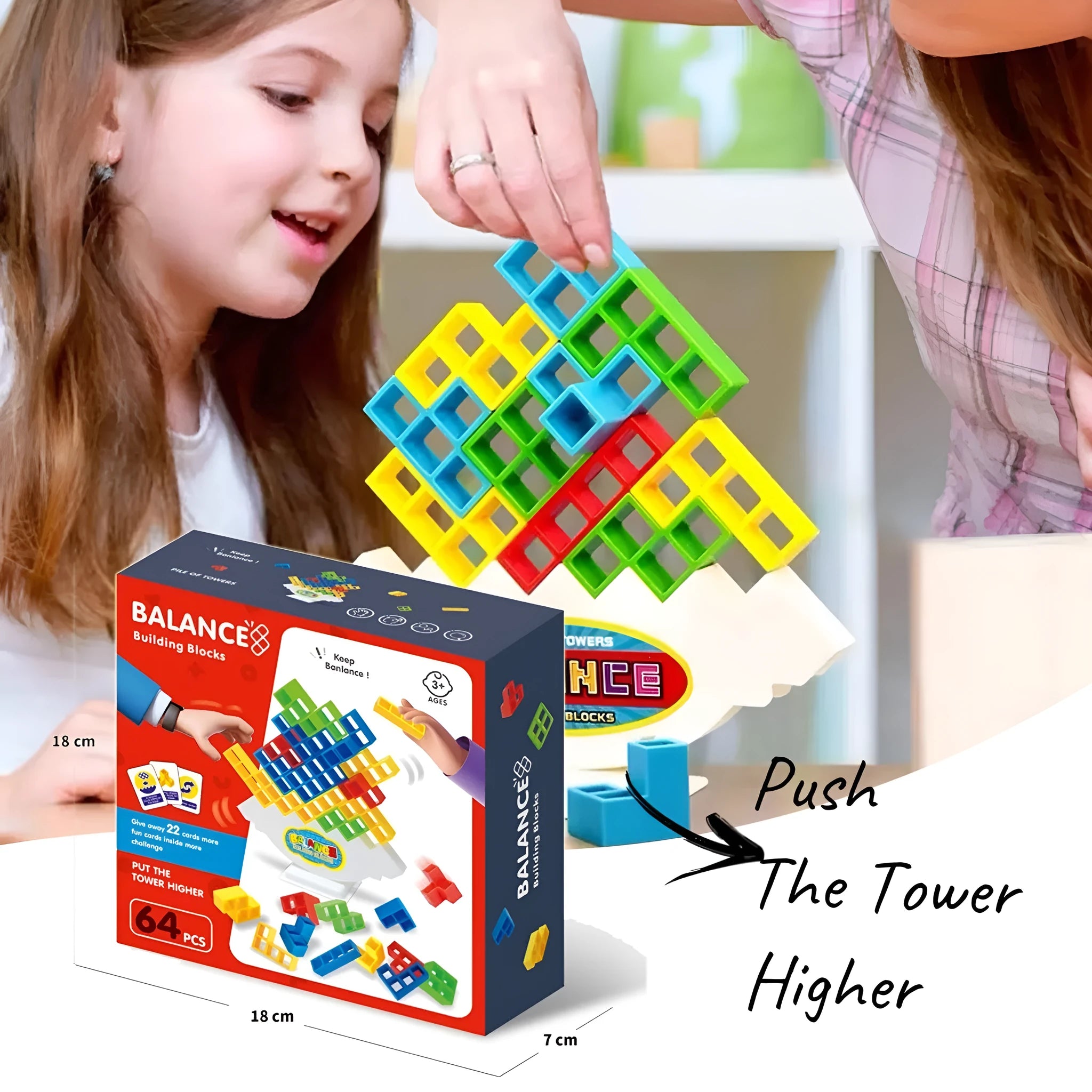 Plastic balance stacking game with colourful blocks on a chassis