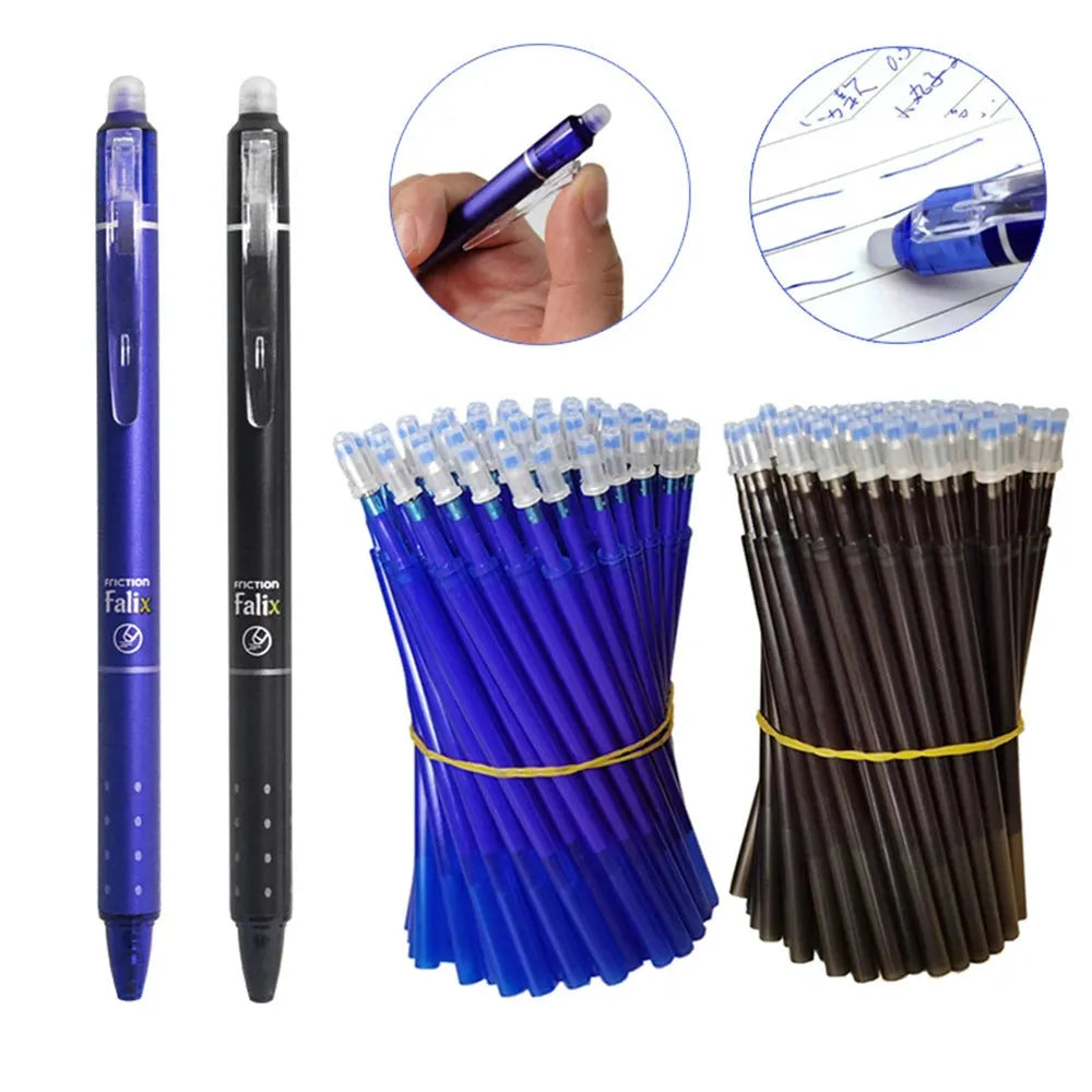 Blue and black erasable gel pen with 0.5mm stainless steel tip for student writing