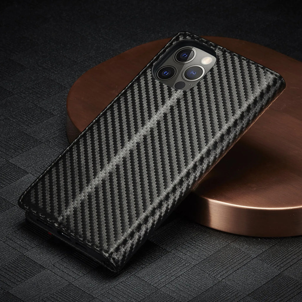 Flip leather phone case with carbon fibre magnetic mixed style in horizontal colour for iPhone