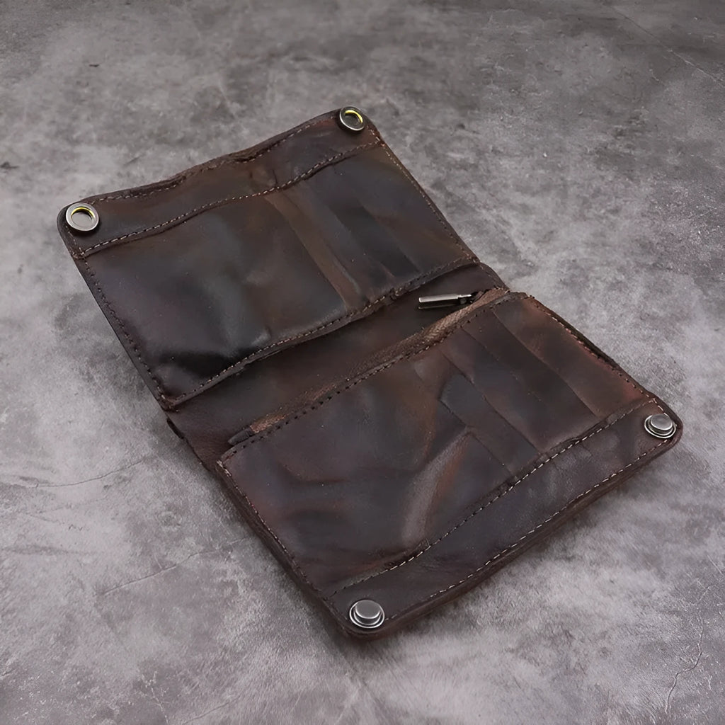 Men's retro style long vertical wallet in genuine cowhide leather with multiple card slots and compartments