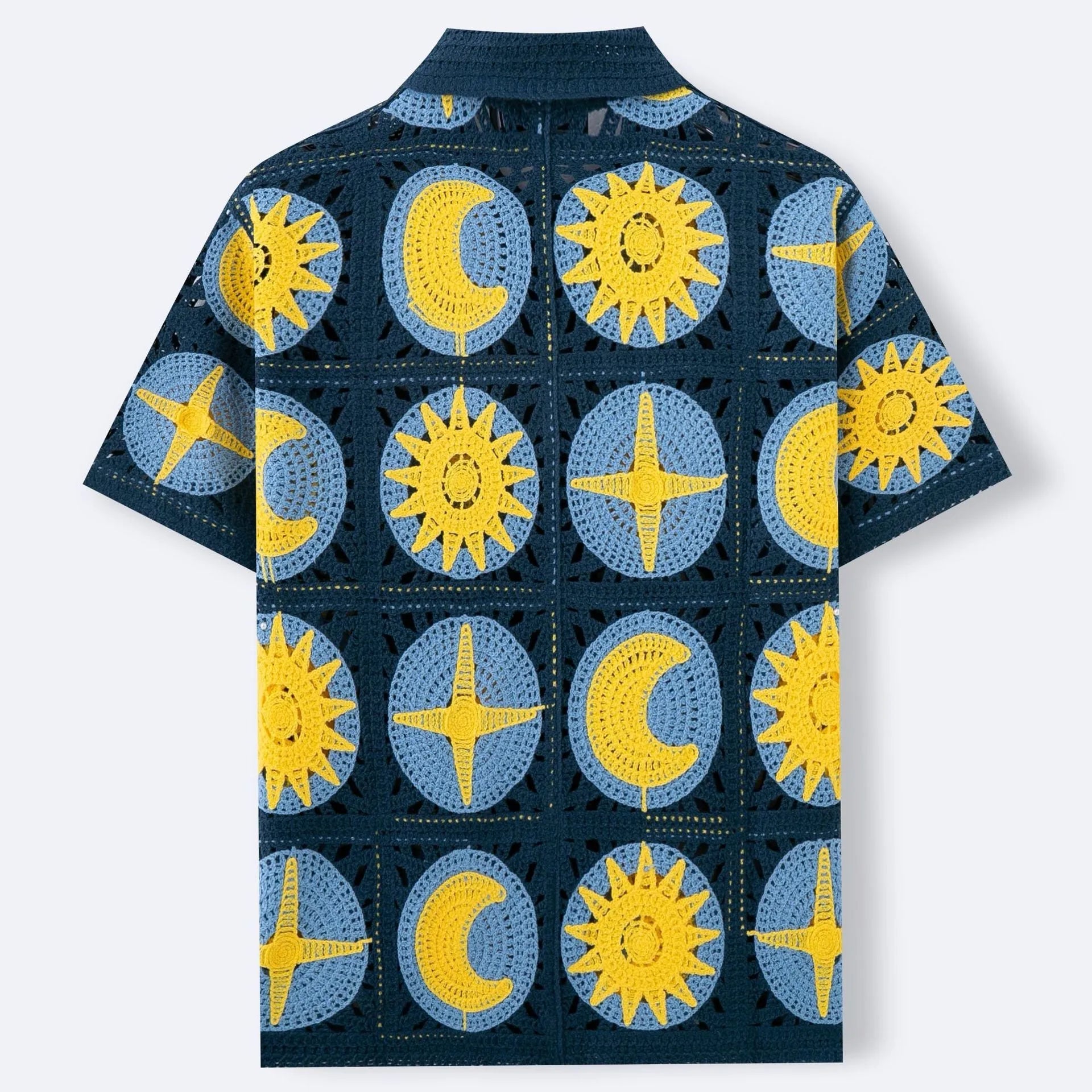 Navy blue men's short-sleeved cardigan with a cartoon flocking pattern on the front.