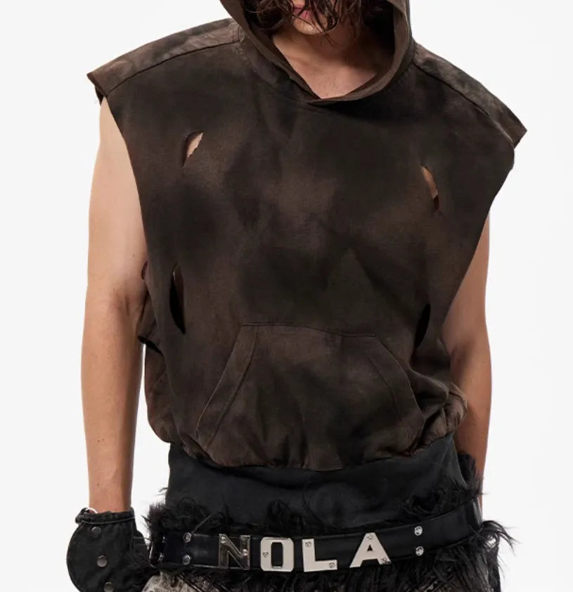 Khaki coloured cotton short-sleeve hood vest on a hanger