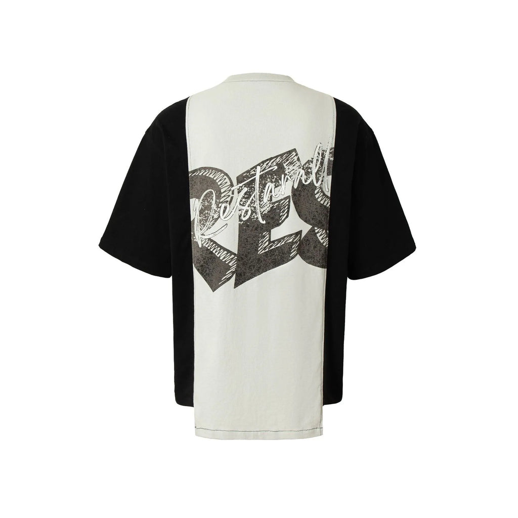 Men's black and white deconstruction print cotton blend t-shirt with loose fit and short sleeves