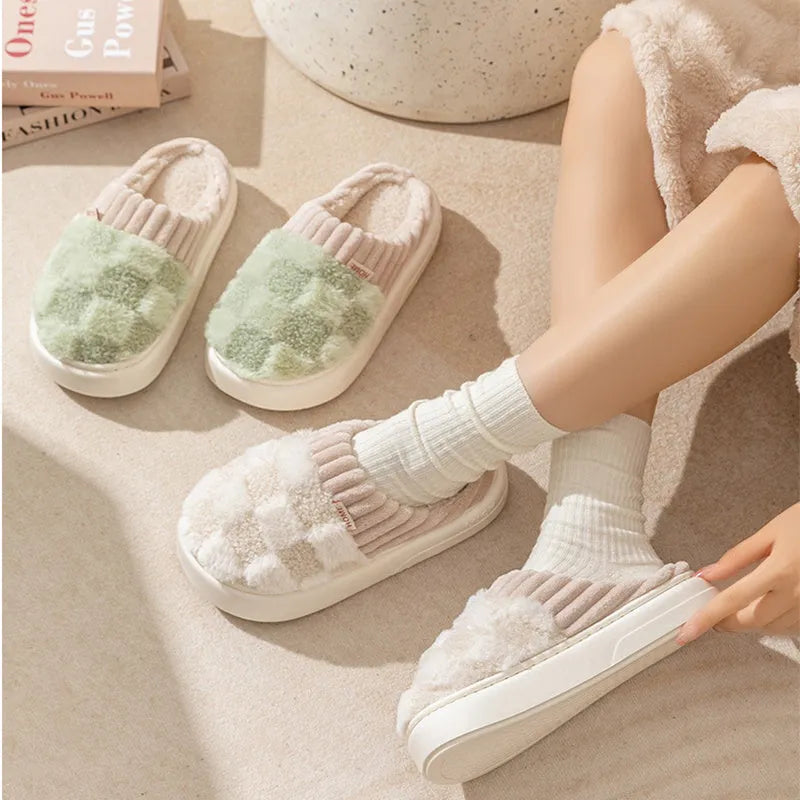 Women's plush indoor slipper in a choice of colours, showing round toe design, coral velvet upper, and textured non-slip PVC sole.