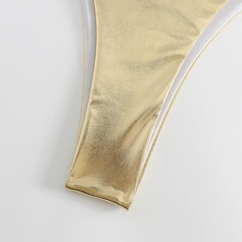 Women's lace-up bikini swimsuit in metallic gold colour with adjustable ties