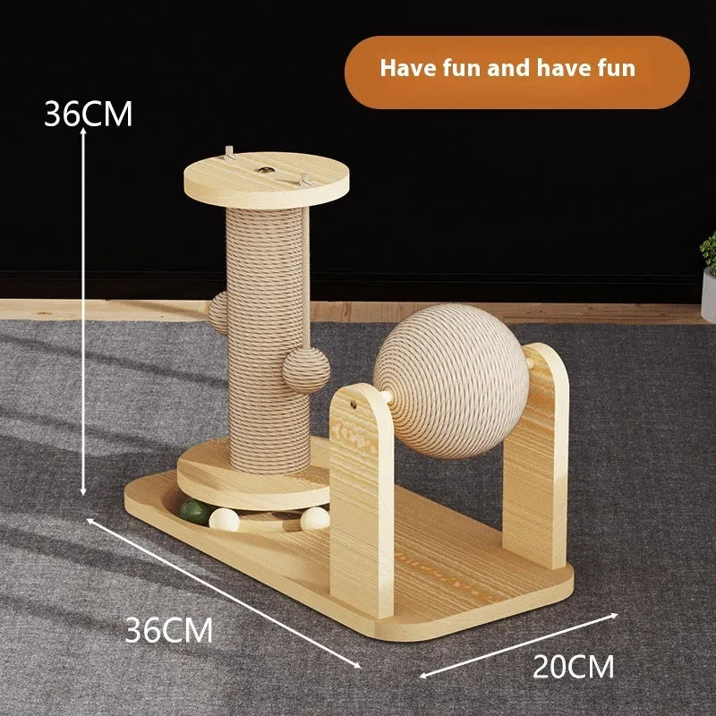 Solid wood cat scratch board toy with turntable and teasing ball in choice of themed designs