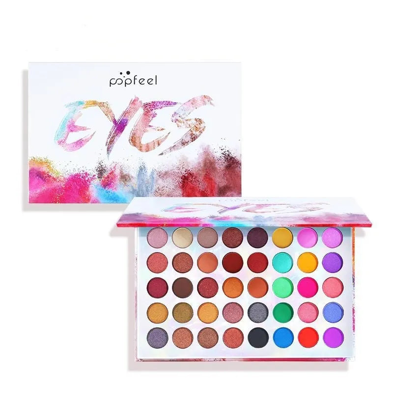 Shimmer matte multi-colour eye shadow palette with ten shades including purple, blue, black, sky blue, caramel, watermelon red, cameo brown, and peacock blue