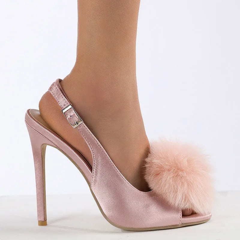 Women's high-heeled sandal with PU upper, fish mouth toe, and gentle hairy ball satin detail in black