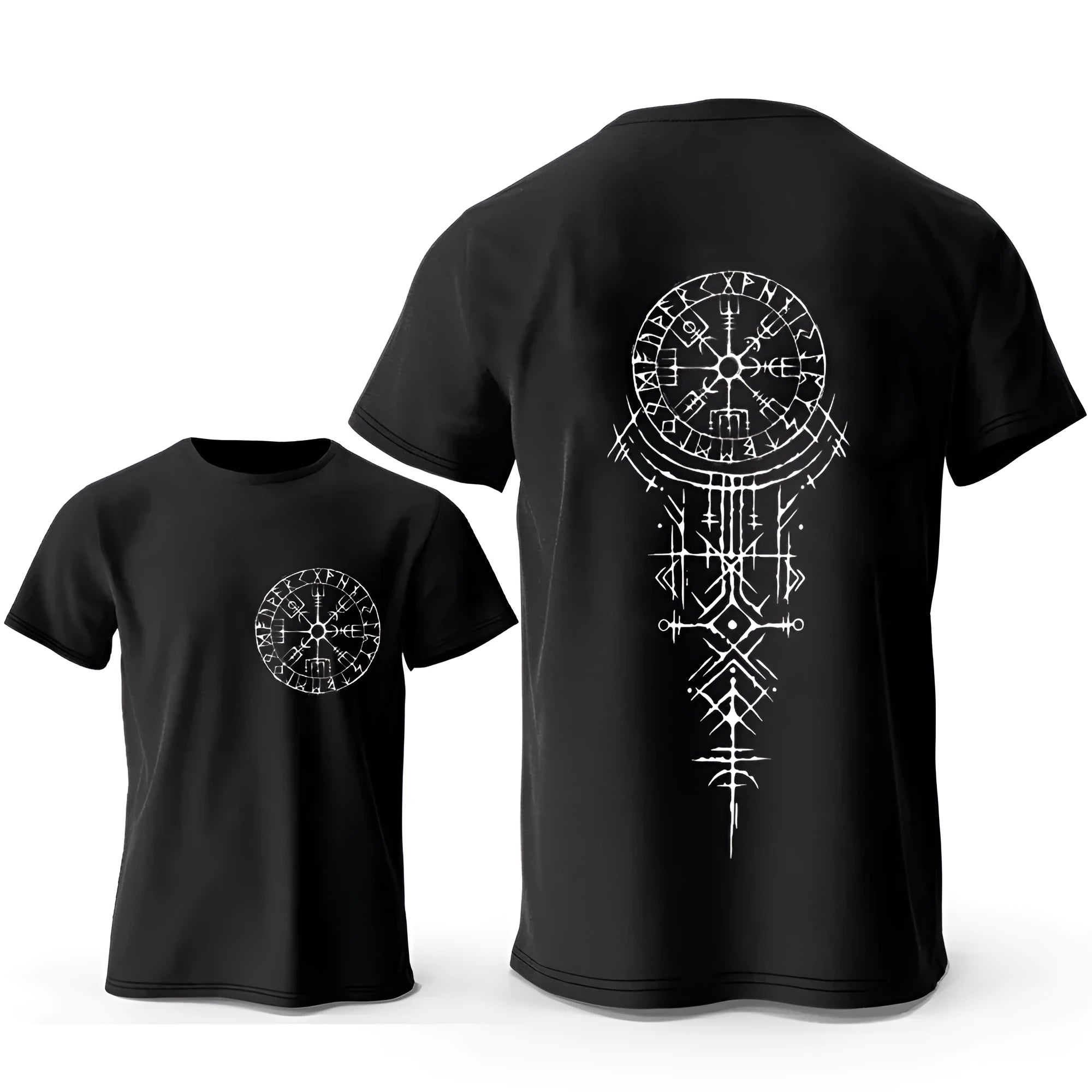 Man's grey t-shirt with a detailed Viking-style compass and rune graphic printed on the chest.