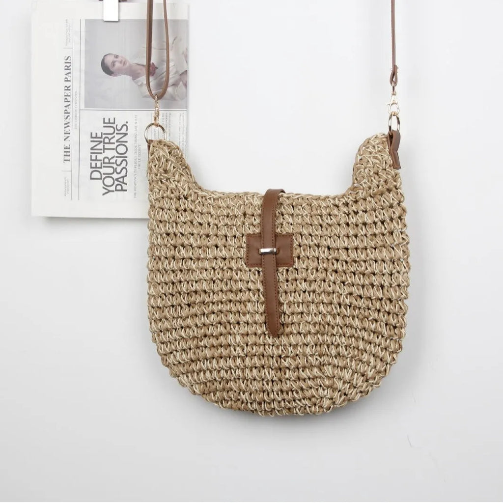 Handmade beige woven fashion bag with sandwich pocket and adjustable shoulder strap