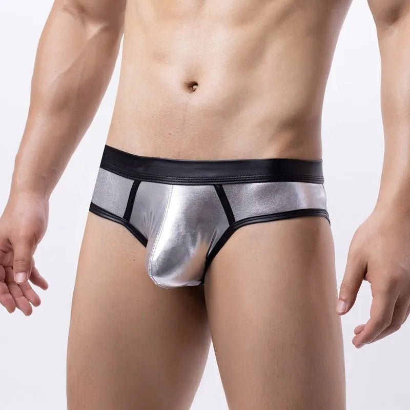 Men's gold polyester swim briefs with patent leather colour matching and low waist design