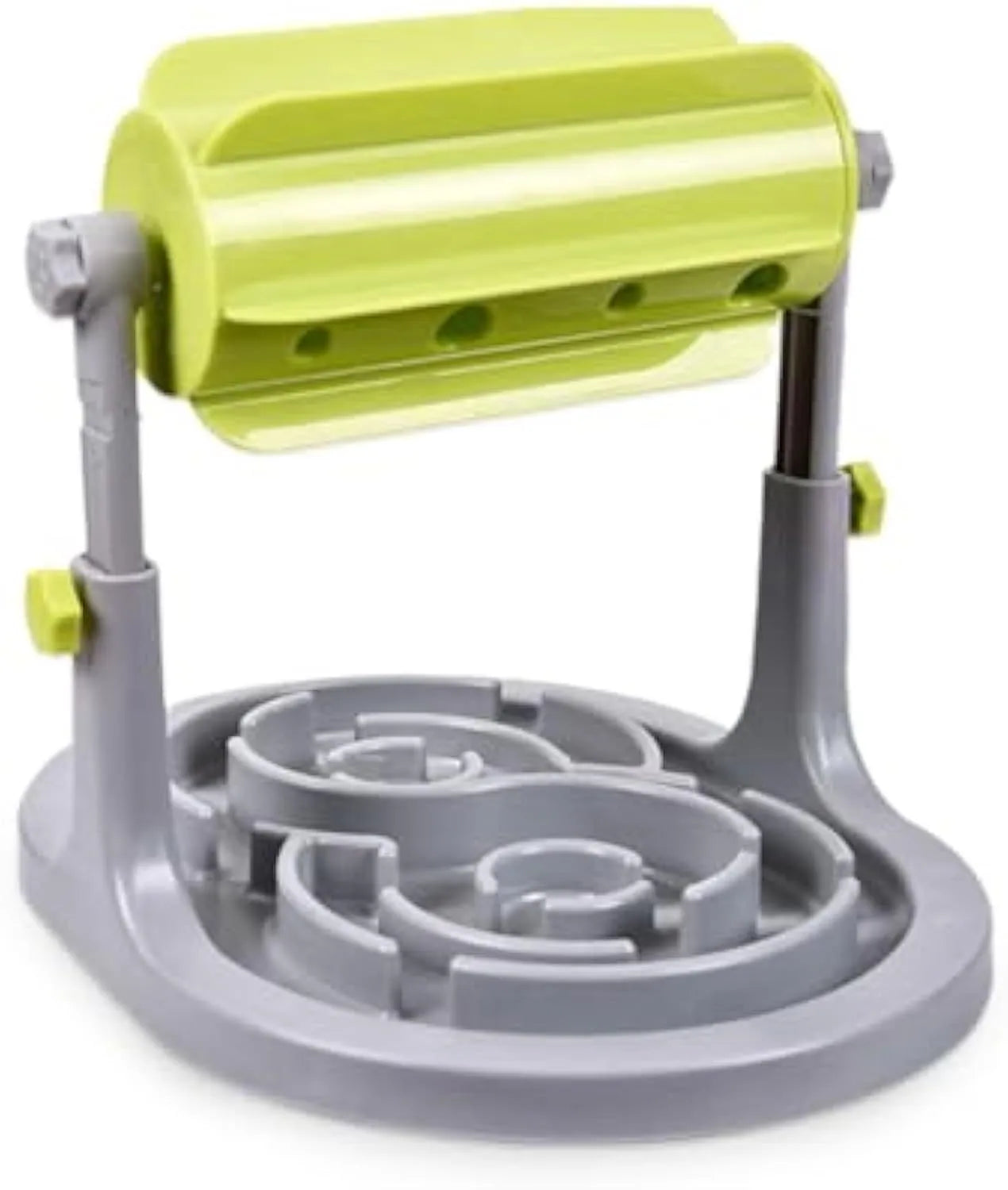 Interactive pet food puzzle slow feeder in blue, green, or pink with adjustable height settings