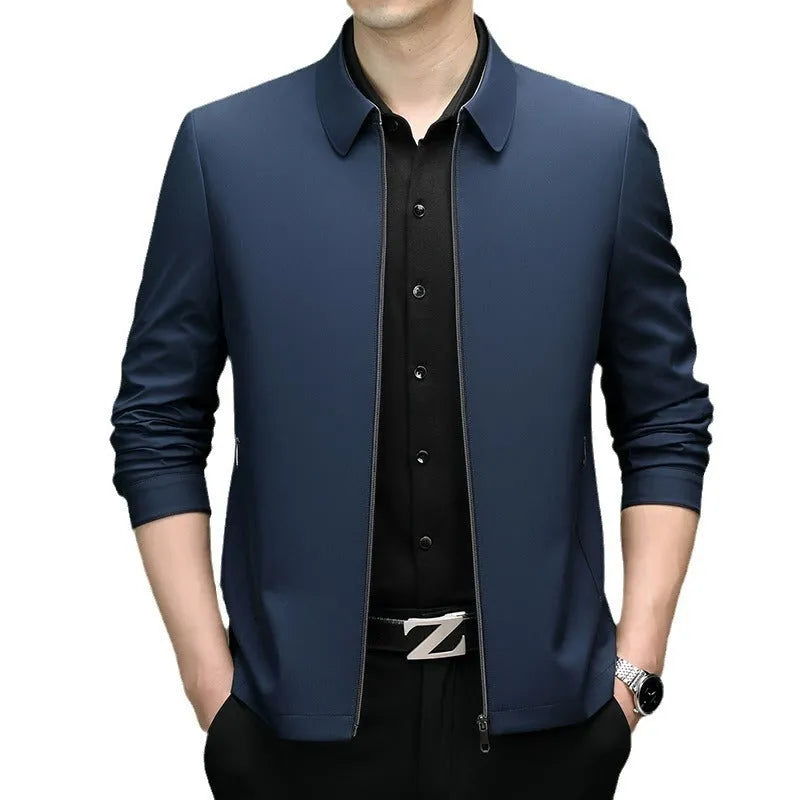 Men's lapel casual jacket in solid colour polyester blend with side seam pockets, light business style, front view