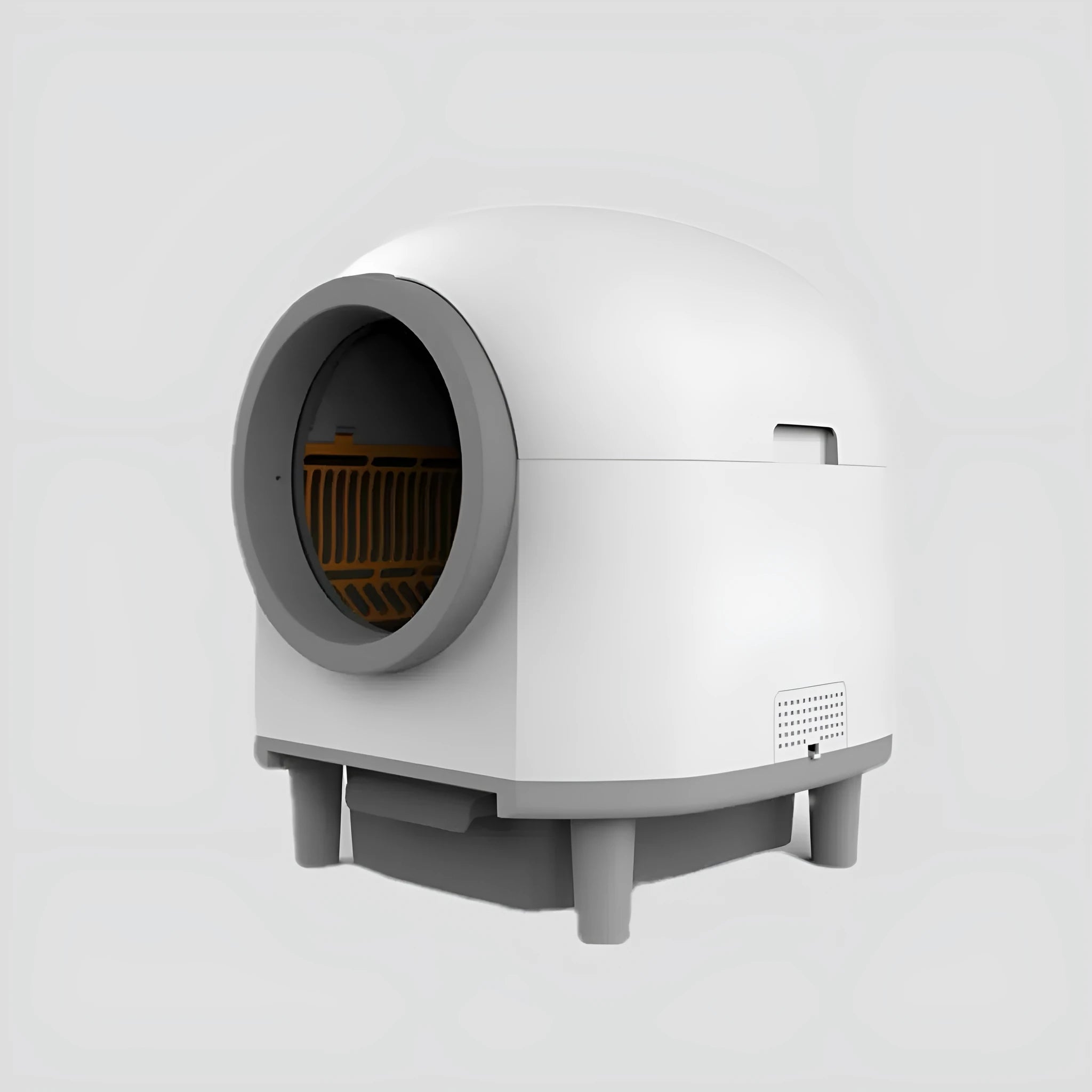 White fully enclosed automatic self-cleaning cat litter box for large cats.