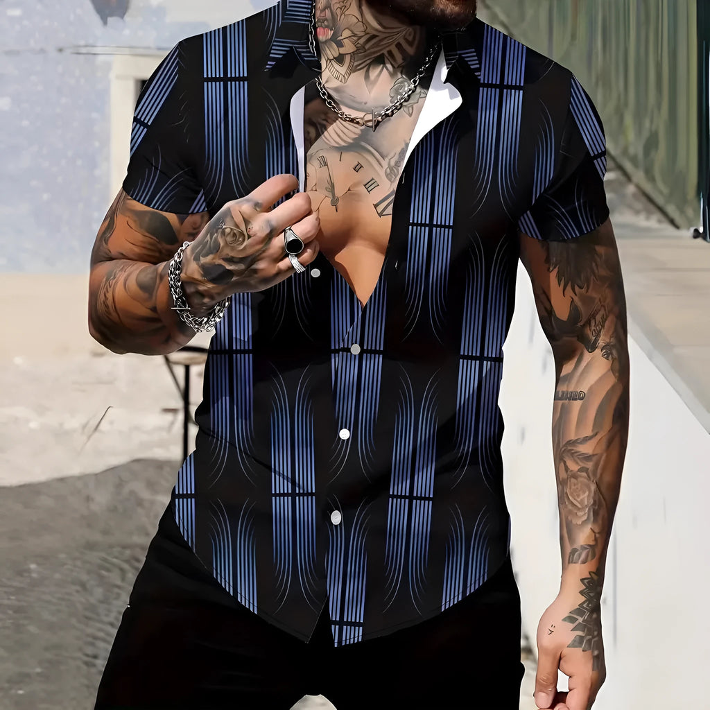 Men's geometric line print short sleeve shirt in slim fit polyester fabric