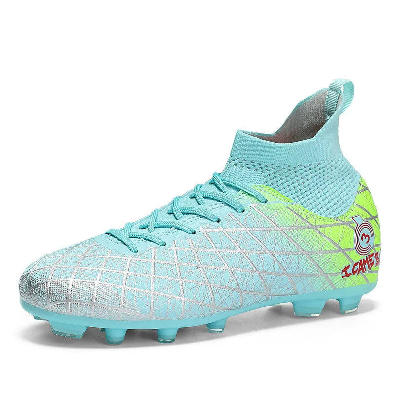 Soccer shoes with long and short spikes, rubber sole, high-top design, in black colour