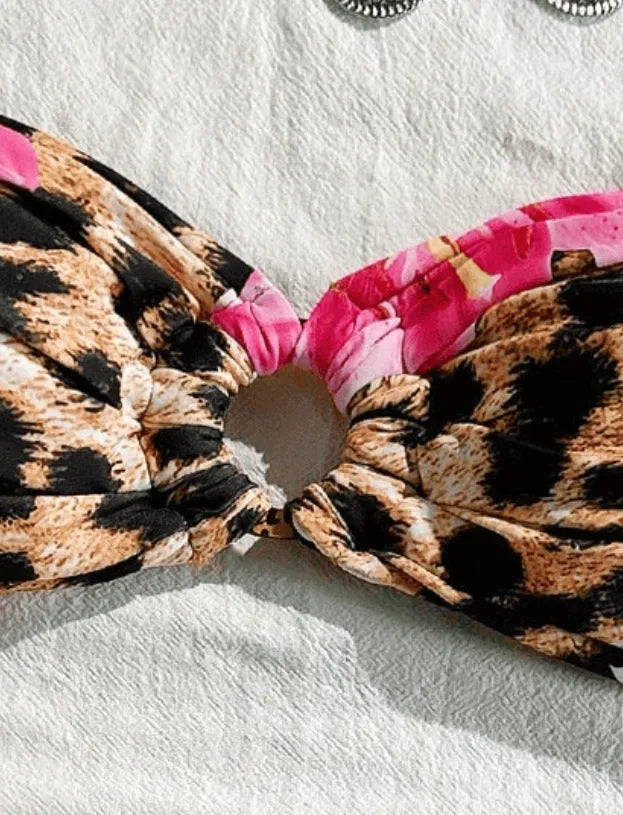 Women's tube top split bikini swimsuit in pink leopard print, polyester, sizes S to XL for swimming and wading
