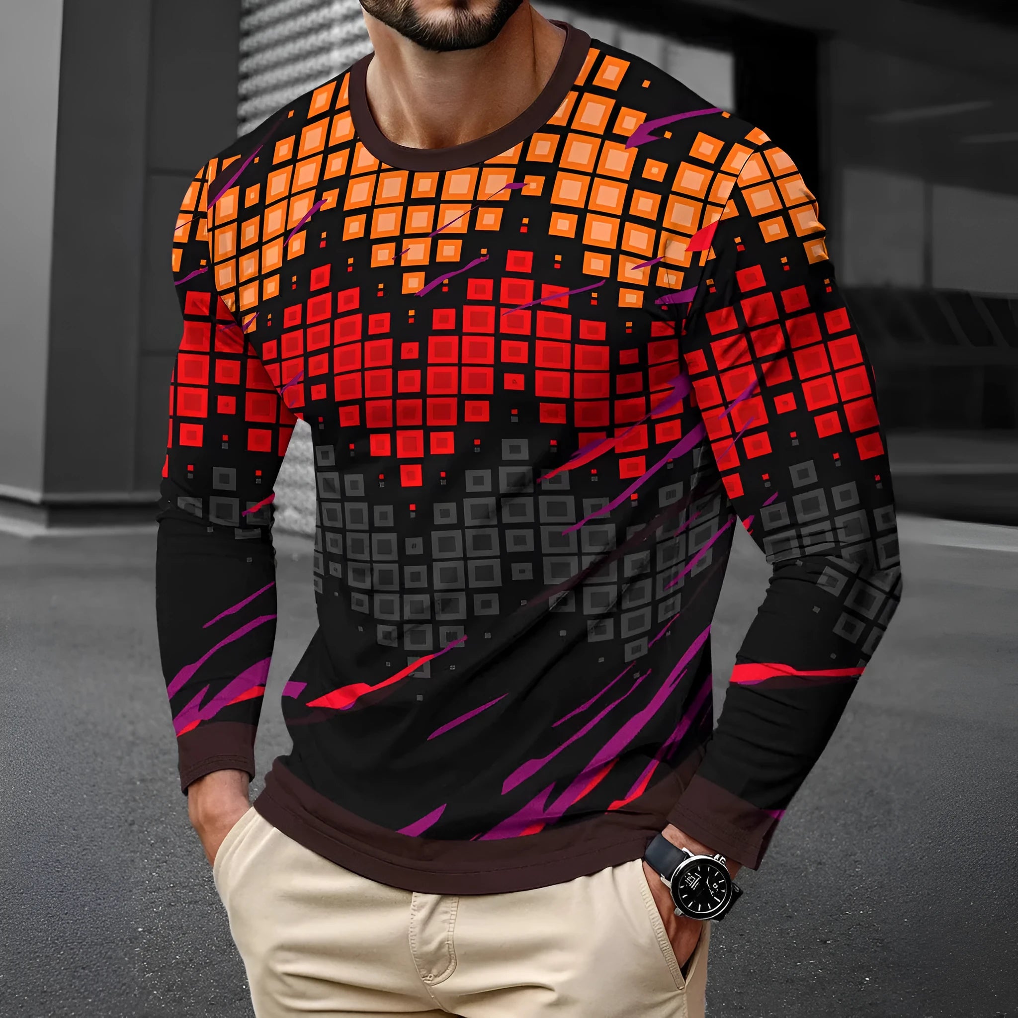 Man wearing a simple long sleeve round neck milk silk pullover in a casual setting.
