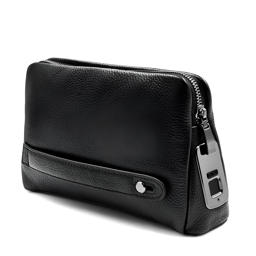 Black mens wallet with fingerprint lock, first layer cowhide, zipper closure, Type-C charging port