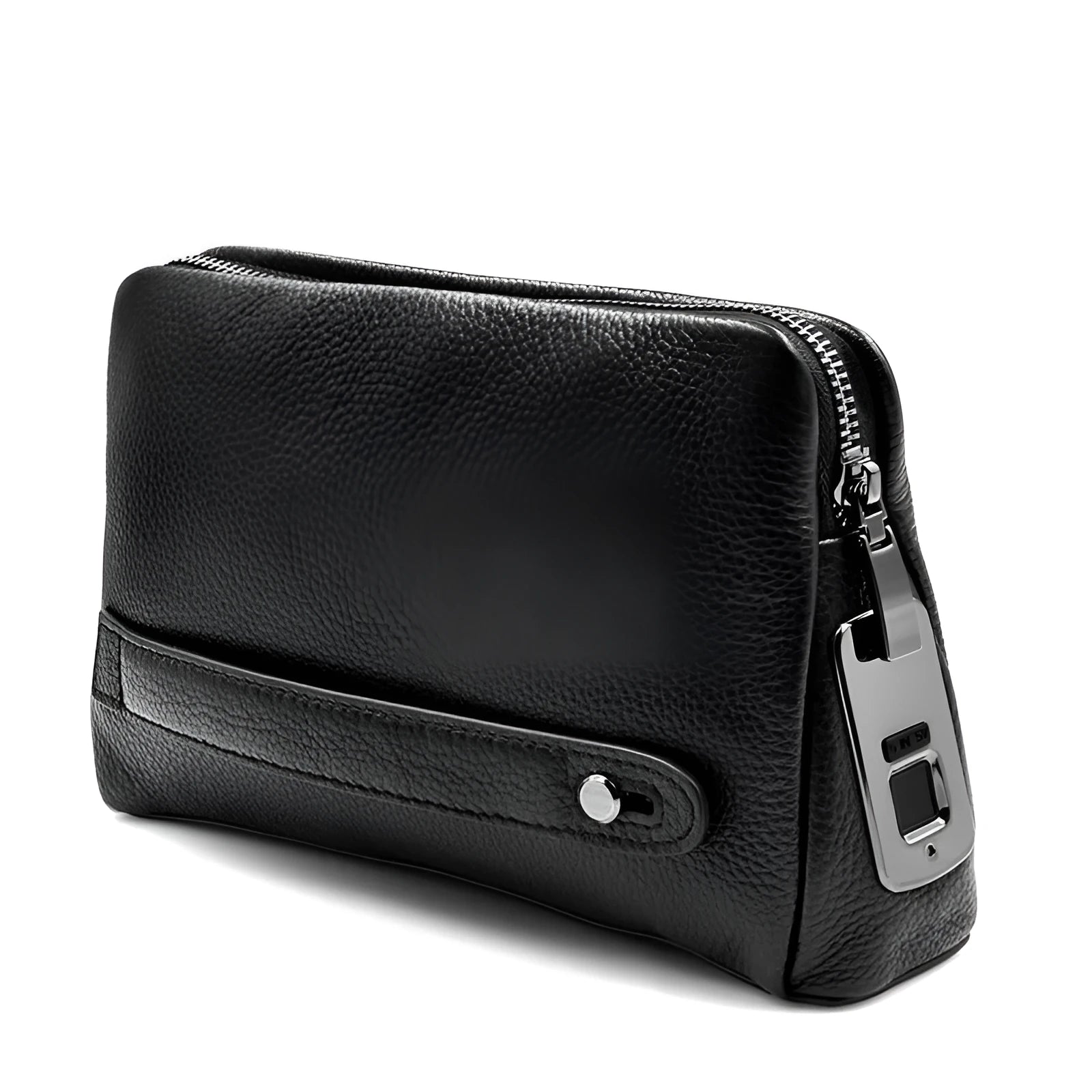 Black mens wallet with fingerprint lock, first layer cowhide, zipper closure, Type-C charging port