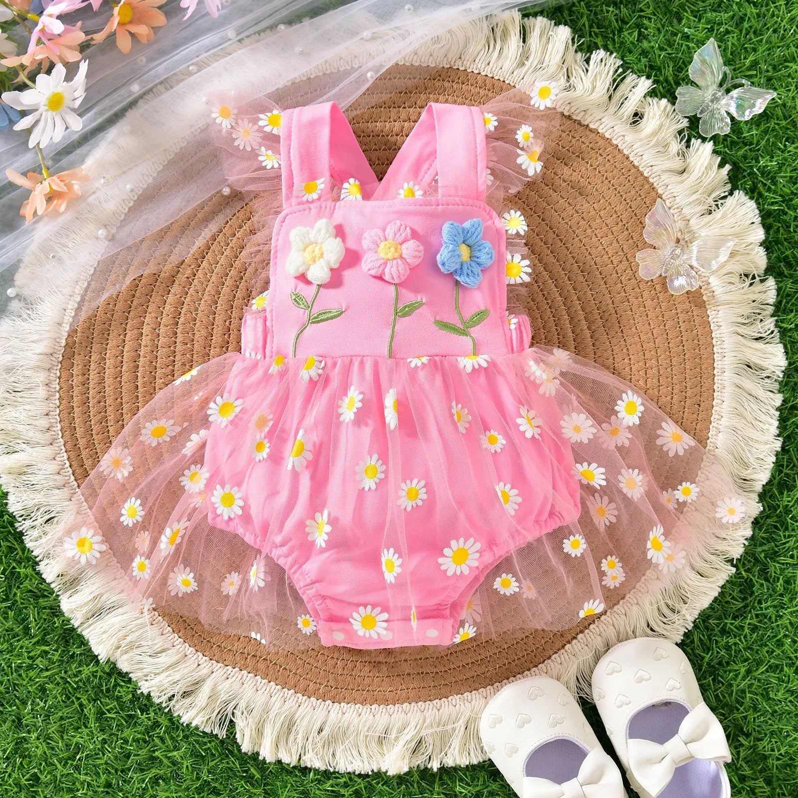 Baby girl mesh suspenders gown with three flowers stitching in knitted polyester, sleeveless design in purple for 1-18 months