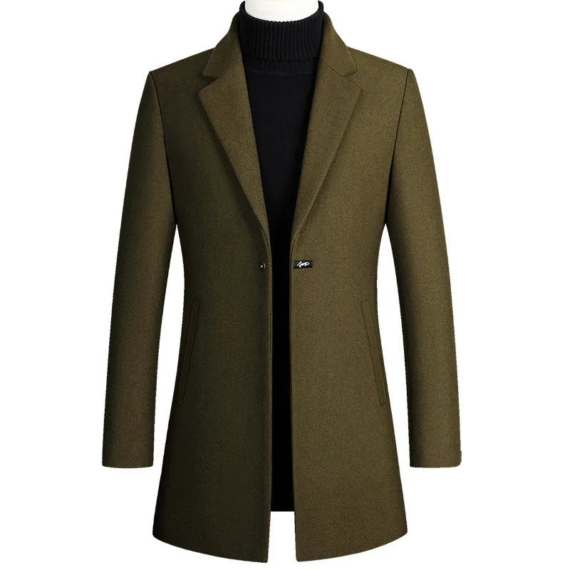Korean style long woolen trench coat with one button, slim fit, straight hem, in army green colour