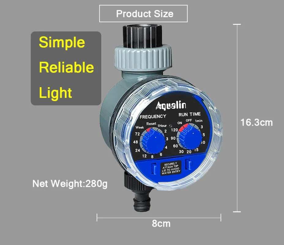 Automatic garden watering timer device showing programmable display and 3/4 inch faucet connection