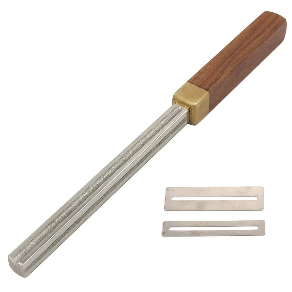 Square guitar fret edge file with four gauge slots 1mm 2mm 3mm 4mm, carbon steel body, diamond grit, wooden handle