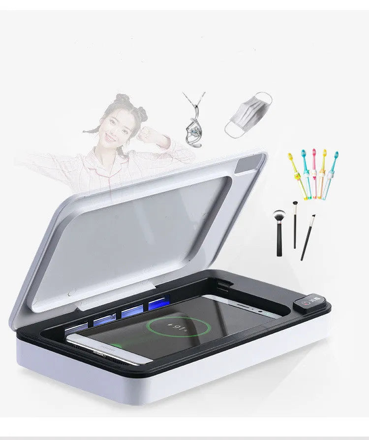White ultraviolet mobile phone steriliser with wireless charging pad and remote control for home use