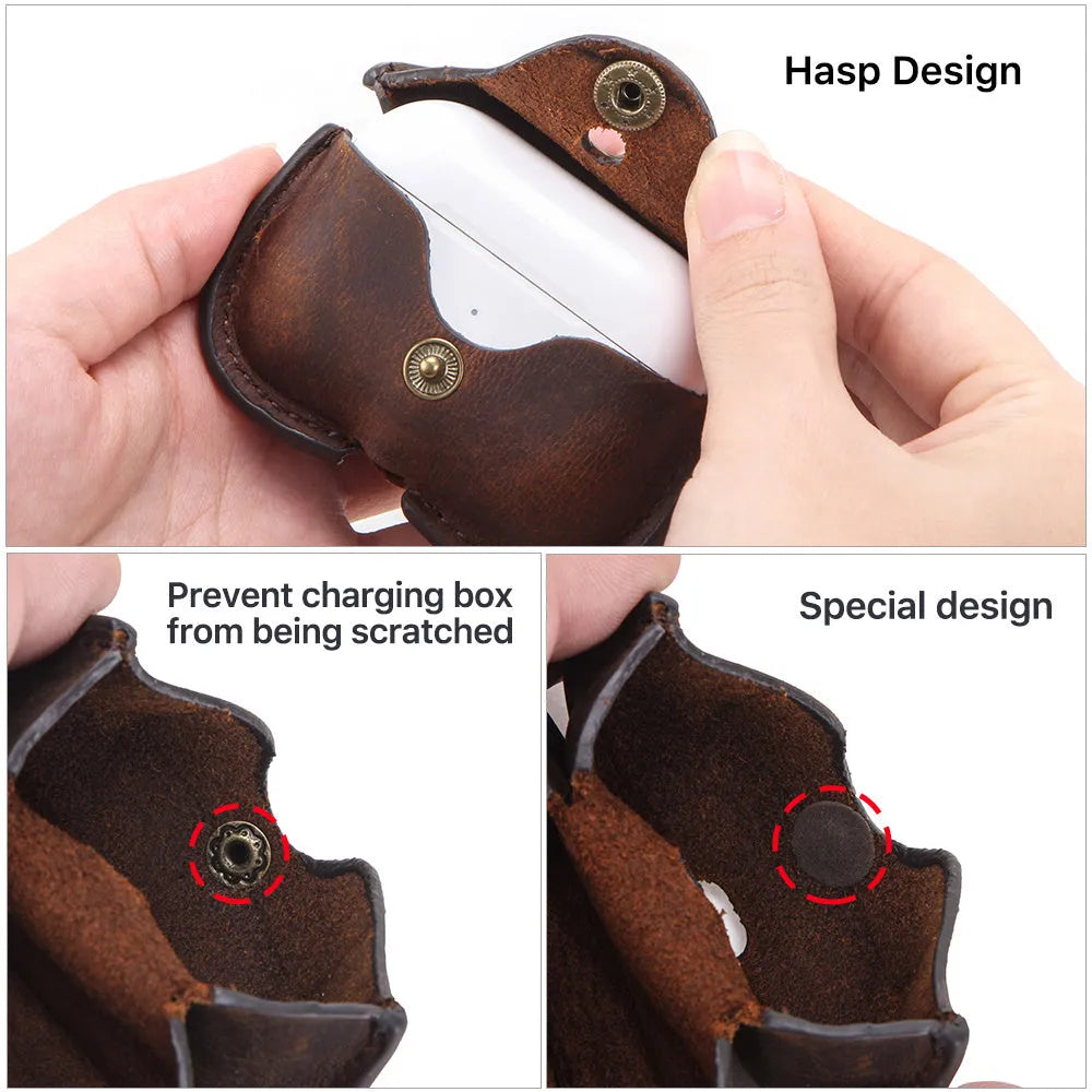 Brown leather clamshell case for AirPods Pro with a vintage crazy horse texture.