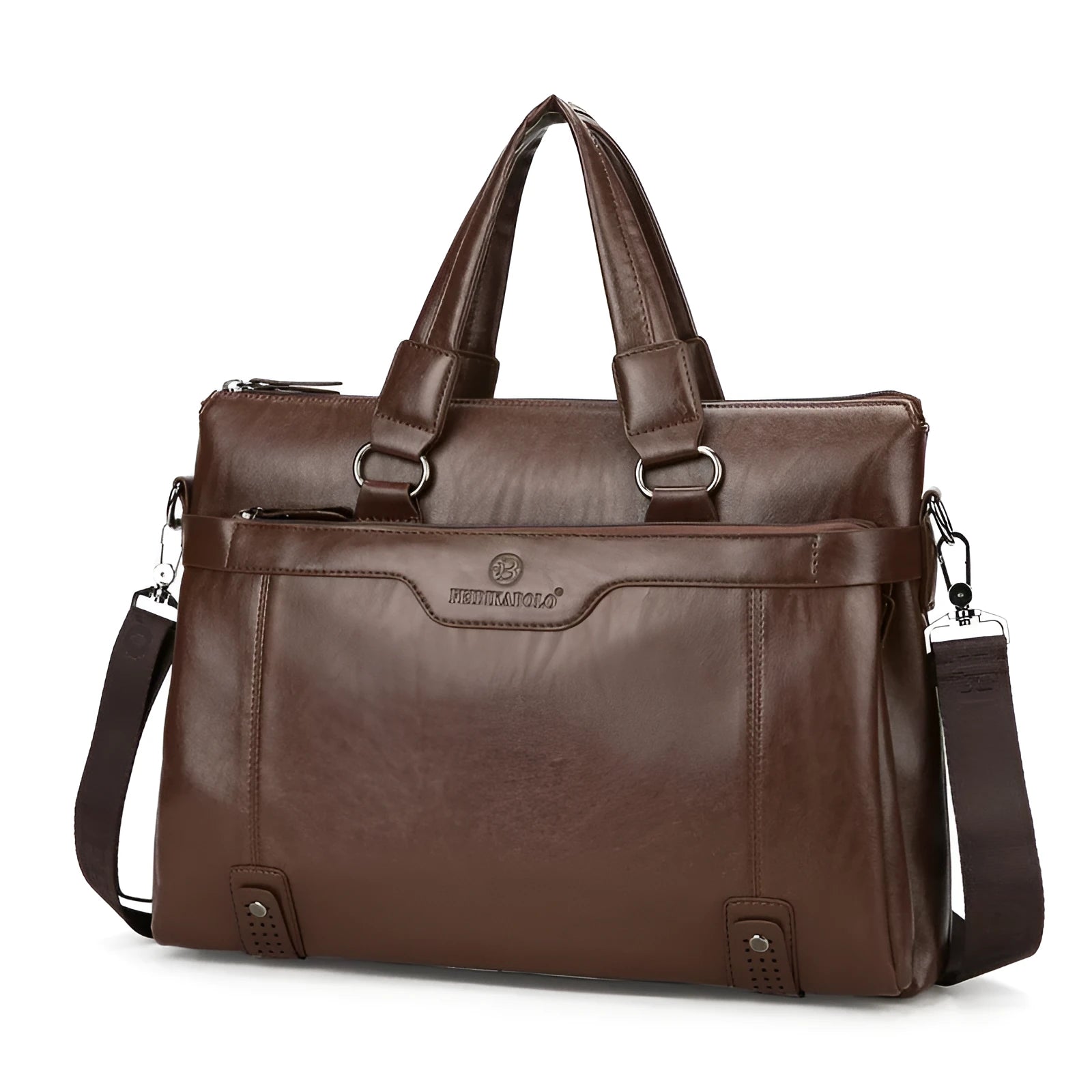 Men's leisure PU leather laptop bag briefcase in horizontal square shape with zipper, 38x28x7 cm