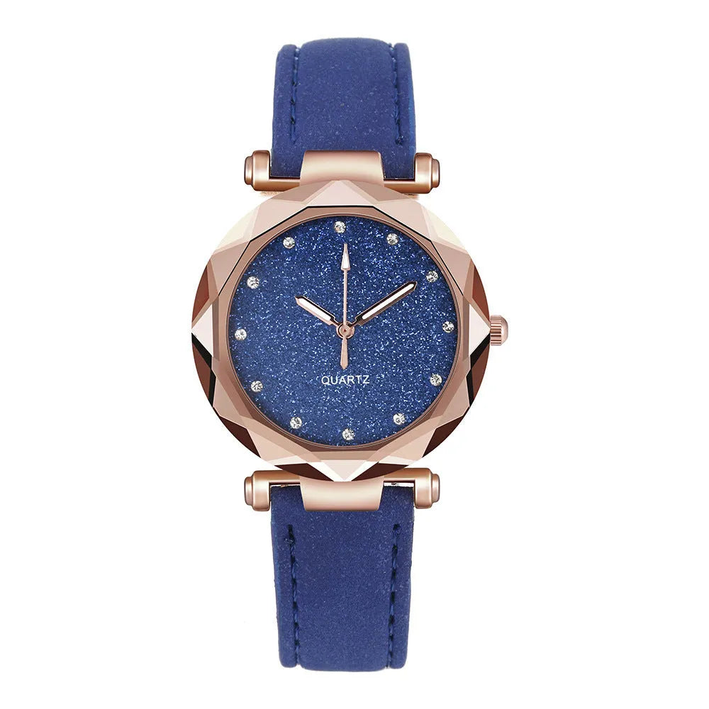 Starry watch with round 34mm dial, alloy case, imitation leather strap, and onion crown in a colour option