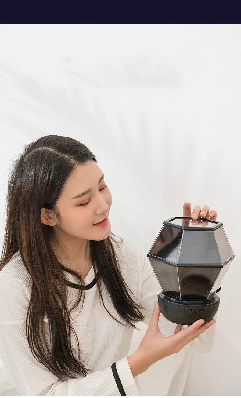 Children's rotating stars LED night light projecting a three-colour starlight pattern on a wall.